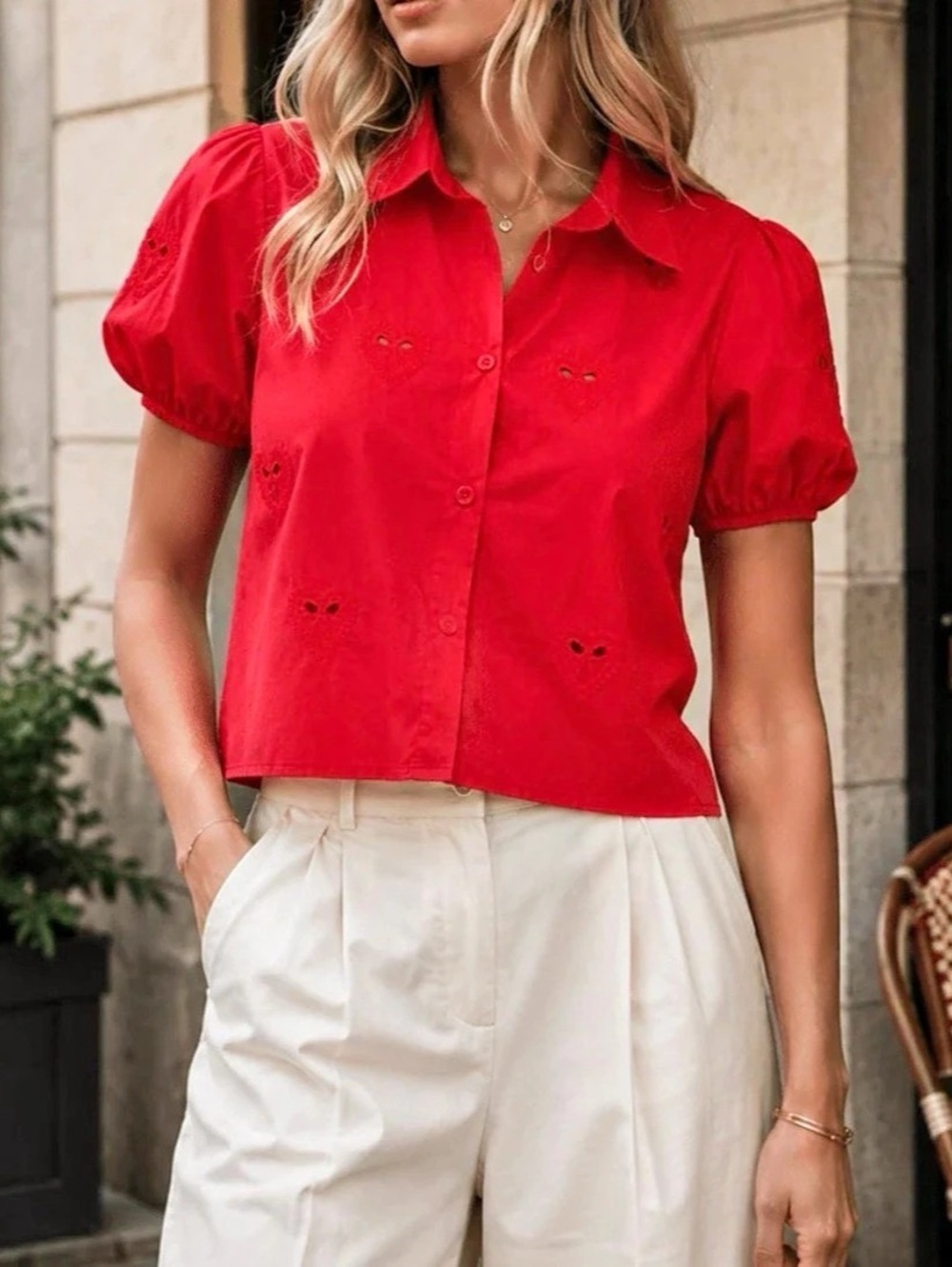 Embroidered Puff Sleeve Shirt in Red